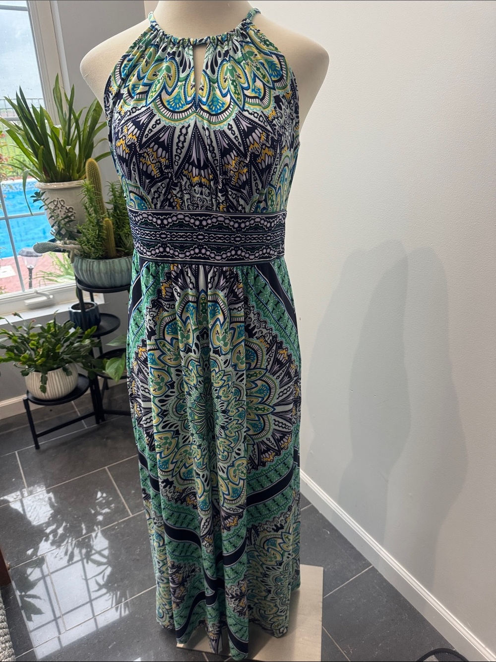 London Style Halter Maxi Dress in Green & Blue Paisley